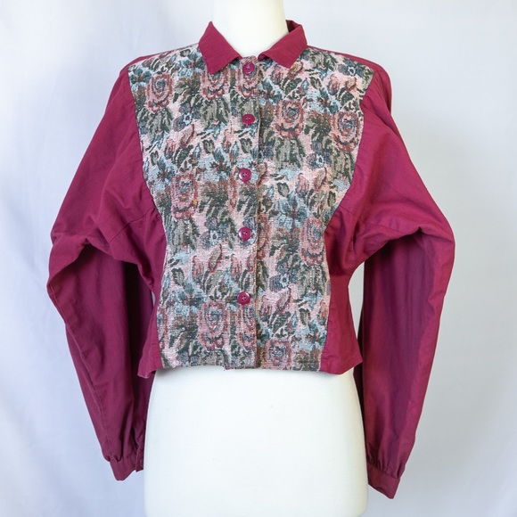 980's Burgundy Jacquard Tapestry Blouse with Victorian Floral Panels - Picture 6 of 8
